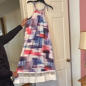 Anthropologie White Maxi Dress with Blue & Pink Abstract Brushprint